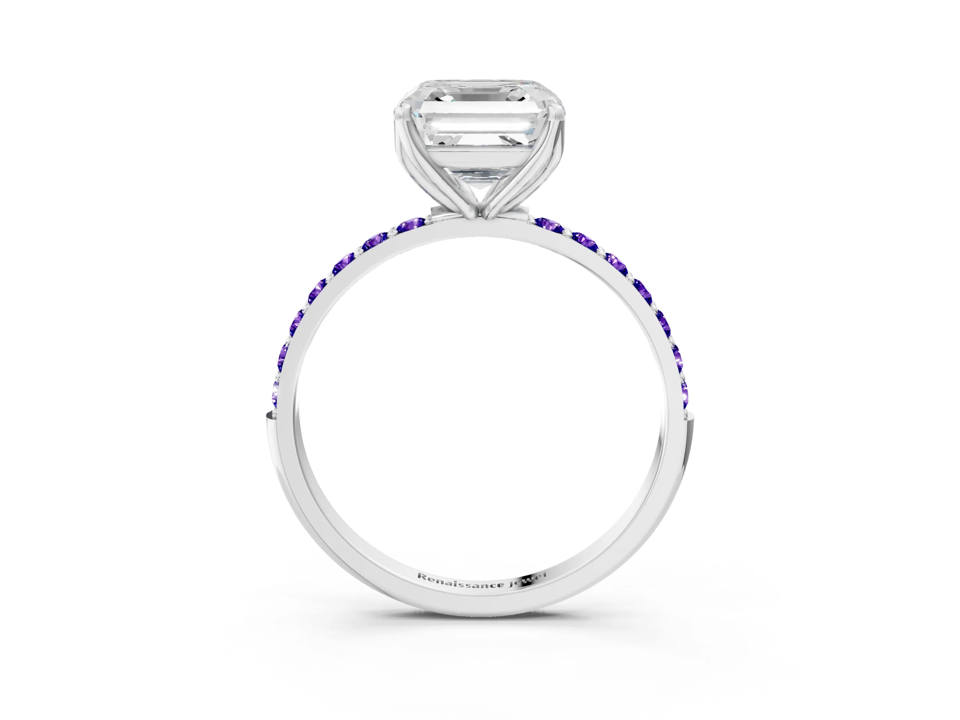 White gold Asscher Cut Diamond Solitaire Engagement Ring with Round with Tanzanite side stone Pavé Band and Prong Setting_3