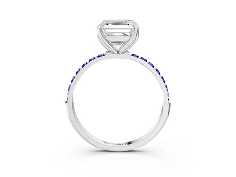 White gold Asscher Cut Diamond Solitaire Engagement Ring with Round with Tanzanite side stone Pavé Band and Prong Setting_3