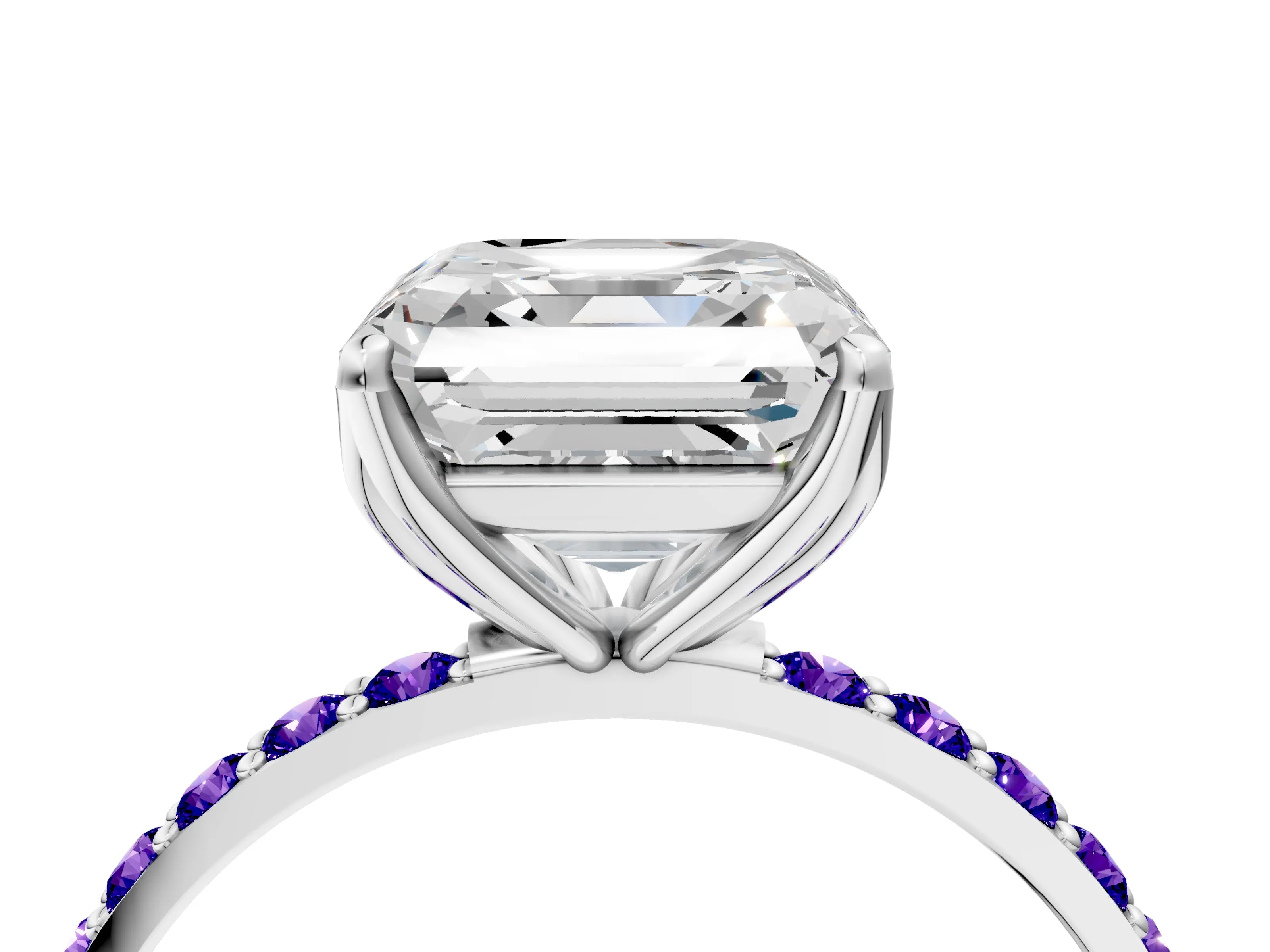 White gold Asscher Cut Diamond Solitaire Engagement Ring with Round with Tanzanite side stone Pavé Band and Prong Setting_4