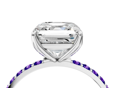 White gold Asscher Cut Diamond Solitaire Engagement Ring with Round with Tanzanite side stone Pavé Band and Prong Setting_4