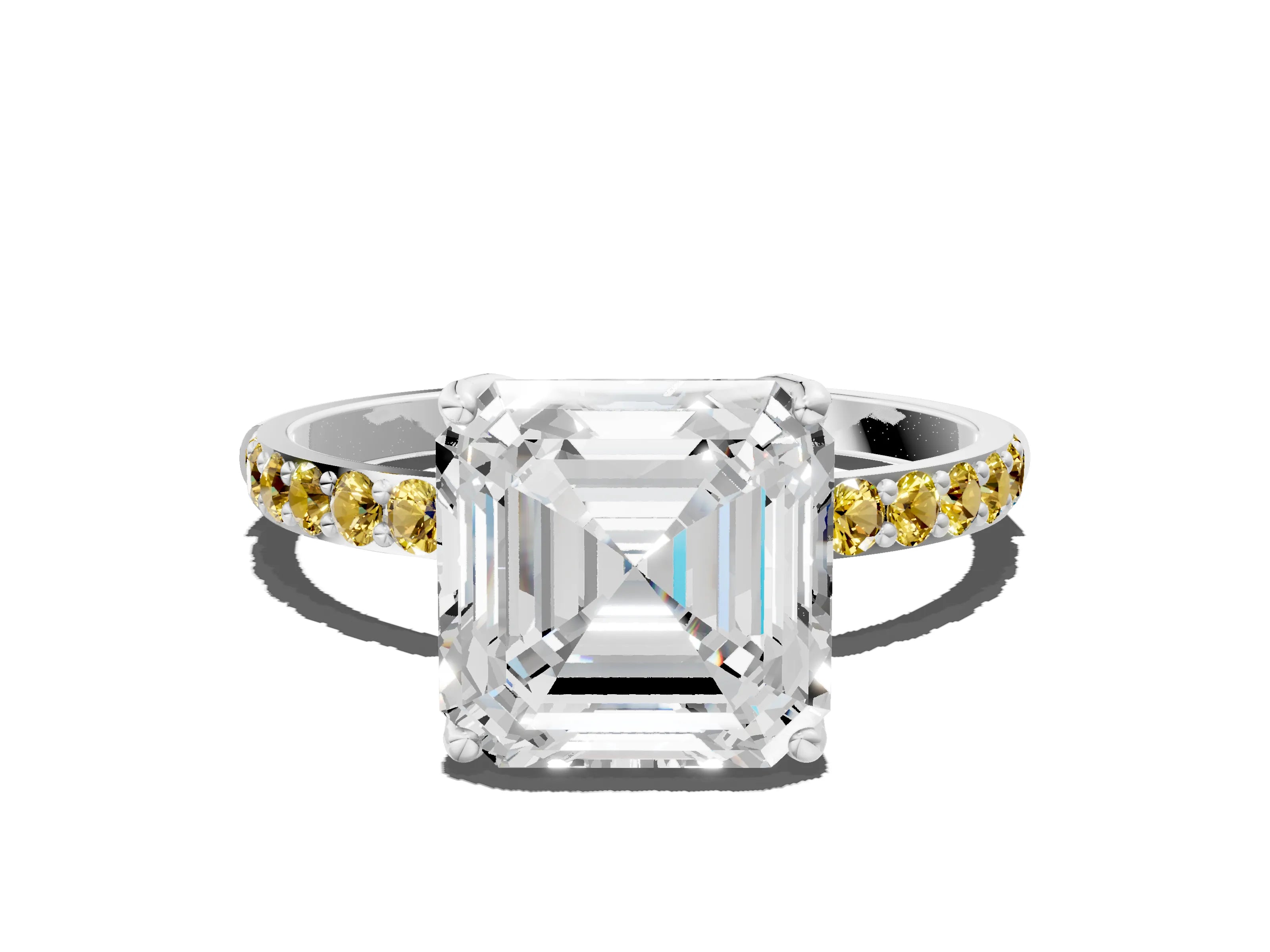 White gold Asscher Cut Diamond Solitaire Engagement Ring with Round with Yellow Sapphire side stone Pavé Band and Prong Setting_12