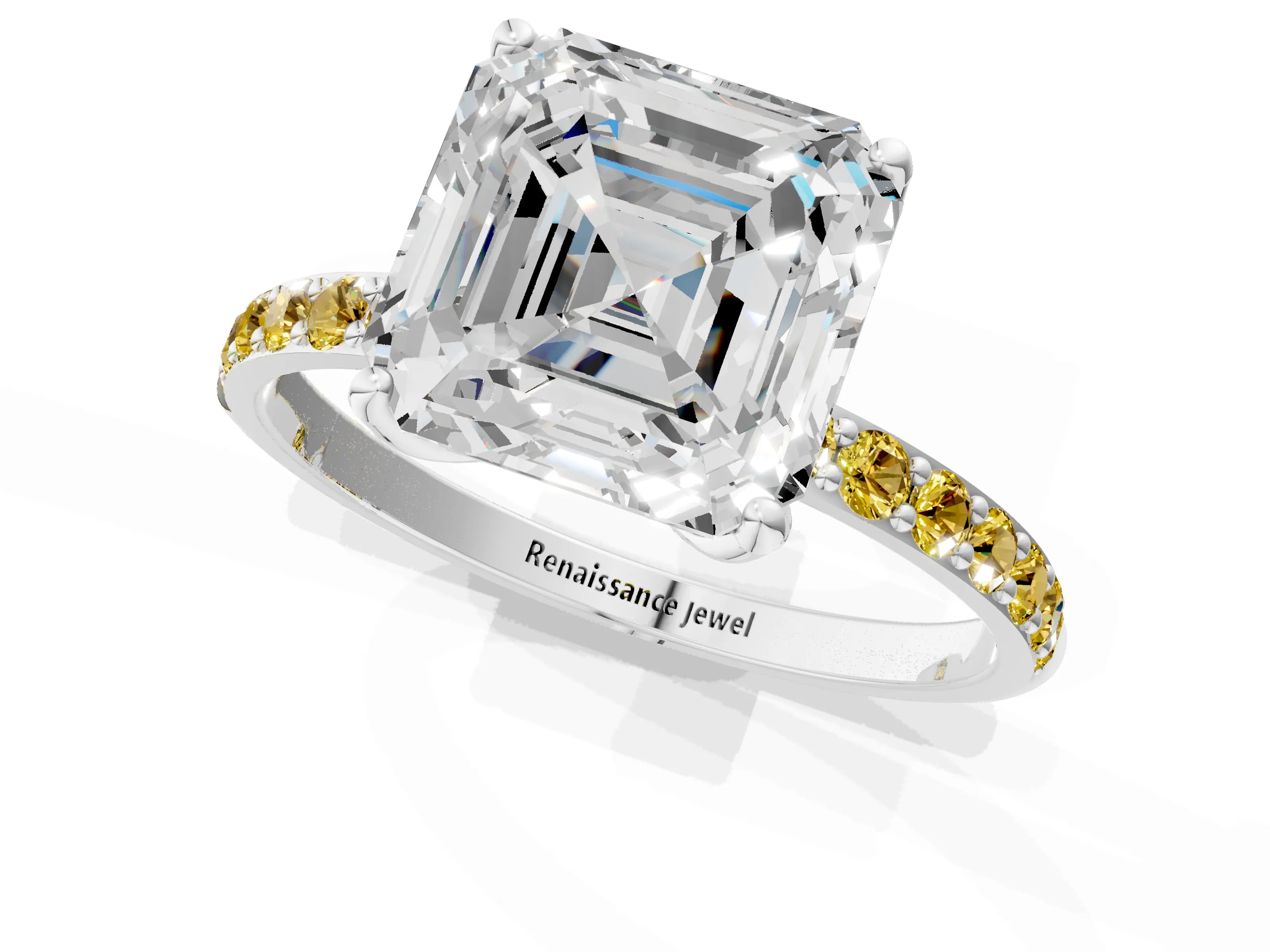 White gold Asscher Cut Diamond Solitaire Engagement Ring with Round with Yellow Sapphire side stone Pavé Band and Prong Setting_13