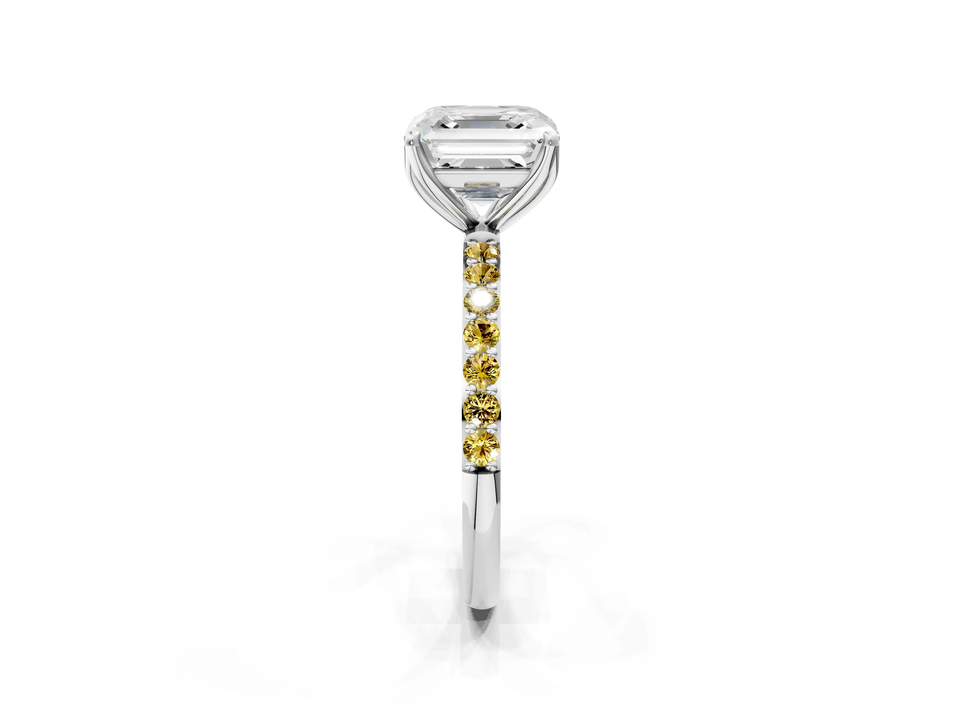 White gold Asscher Cut Diamond Solitaire Engagement Ring with Round with Yellow Sapphire side stone Pavé Band and Prong Setting_14