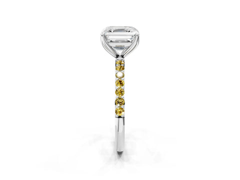 White gold Asscher Cut Diamond Solitaire Engagement Ring with Round with Yellow Sapphire side stone Pavé Band and Prong Setting_14