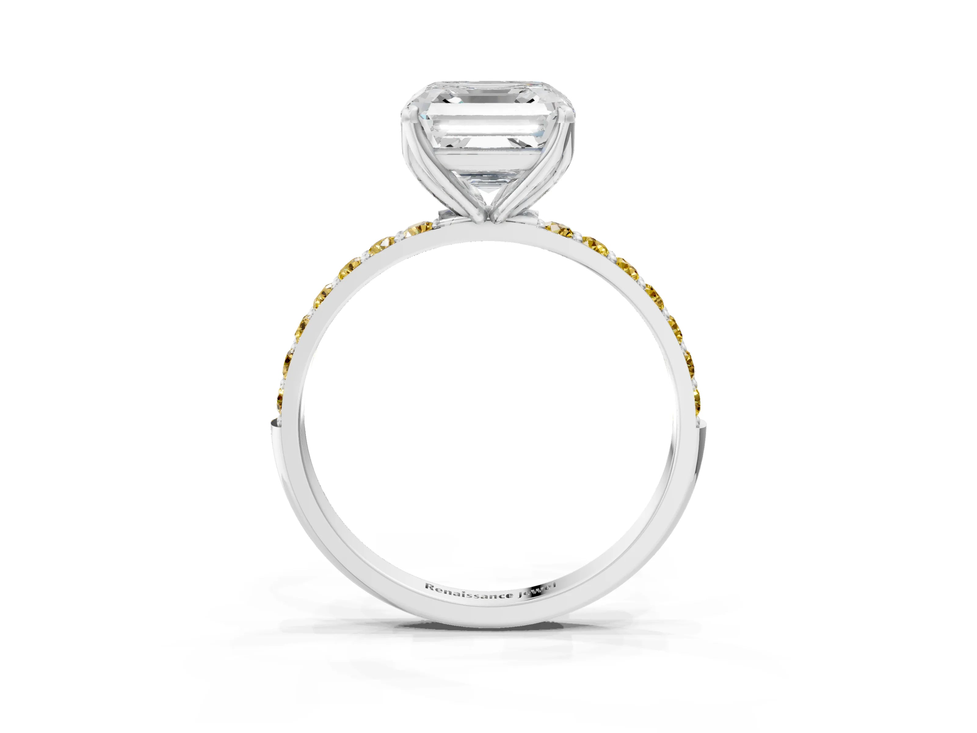 White gold Asscher Cut Diamond Solitaire Engagement Ring with Round with Yellow Sapphire side stone Pavé Band and Prong Setting_15