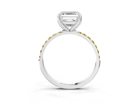 White gold Asscher Cut Diamond Solitaire Engagement Ring with Round with Yellow Sapphire side stone Pavé Band and Prong Setting_15