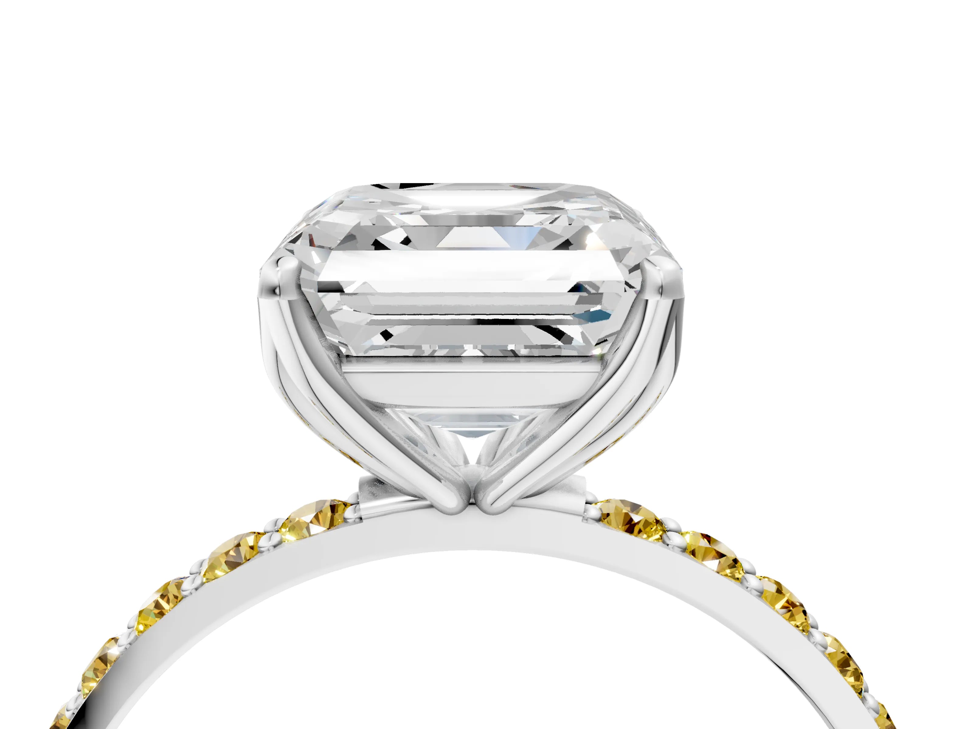 White gold Asscher Cut Diamond Solitaire Engagement Ring with Round with Yellow Sapphire side stone Pavé Band and Prong Setting_16