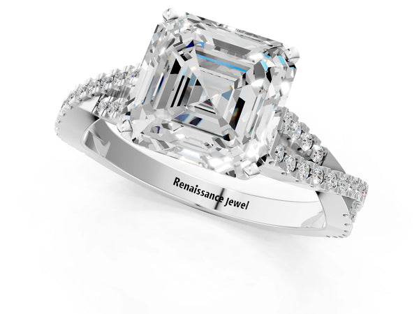 Platinum Asscher Cut Solitaire Engagement Ring Setting with Twisted Split Pave Band