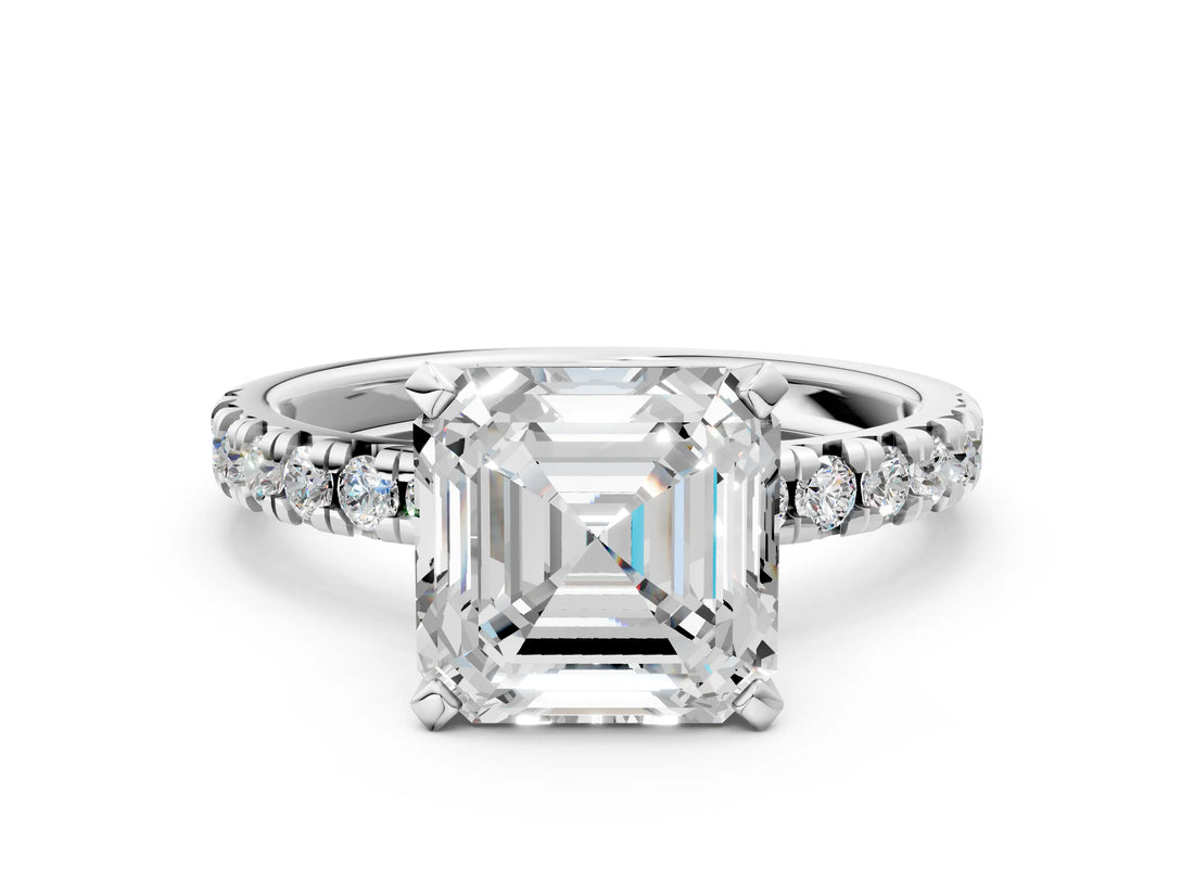 White gold Asscher Cut Diamond Solitaire Pavé Engagement Ring with Round Band and Prong Setting_62