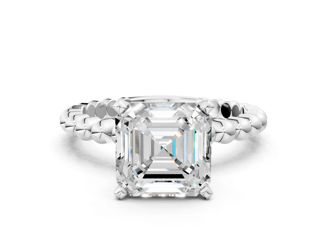 White gold Asscher Cut Diamond Solitaire Ring with Beaded Band and Prong Setting_50