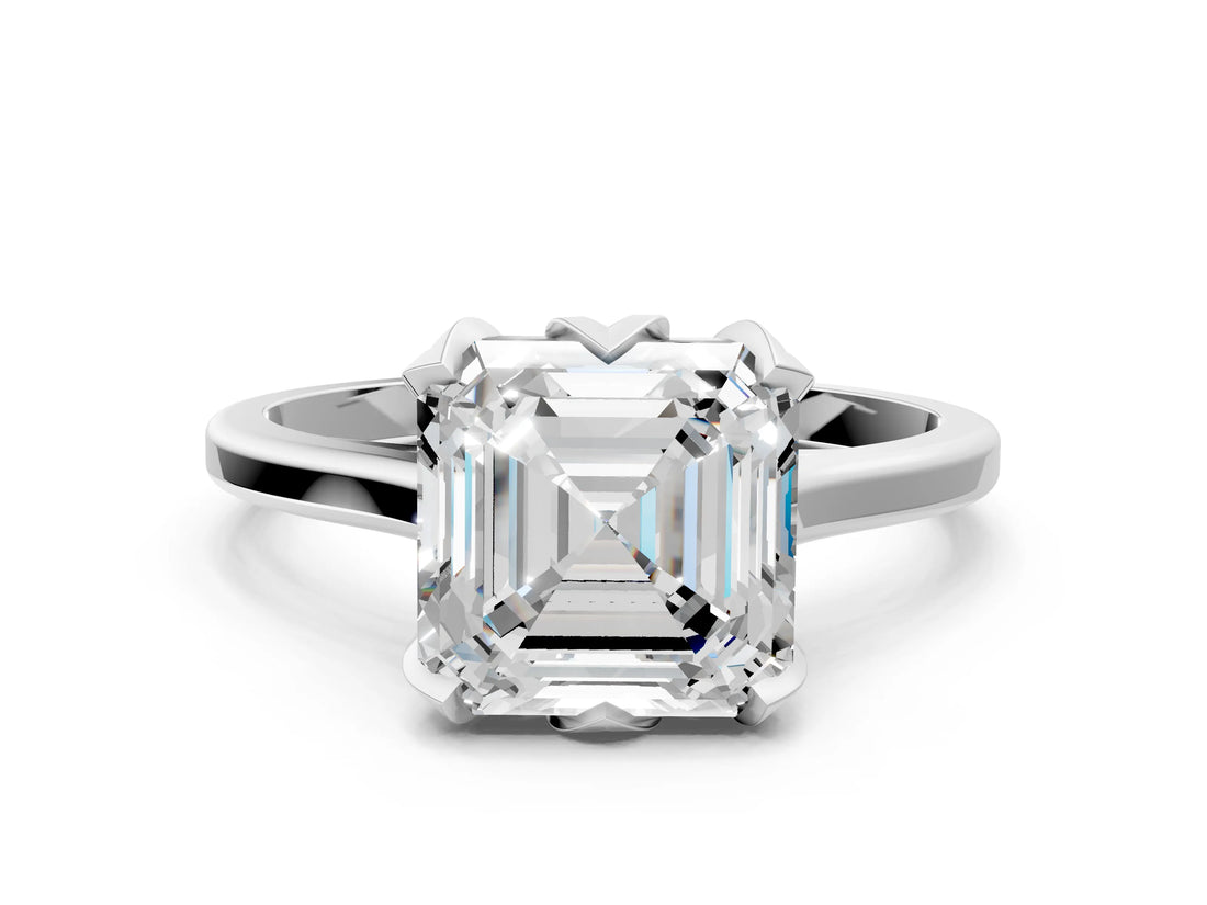 White gold Asscher Cut Diamond Solitaire Ring with Flower Prong Setting and Classic Band_100