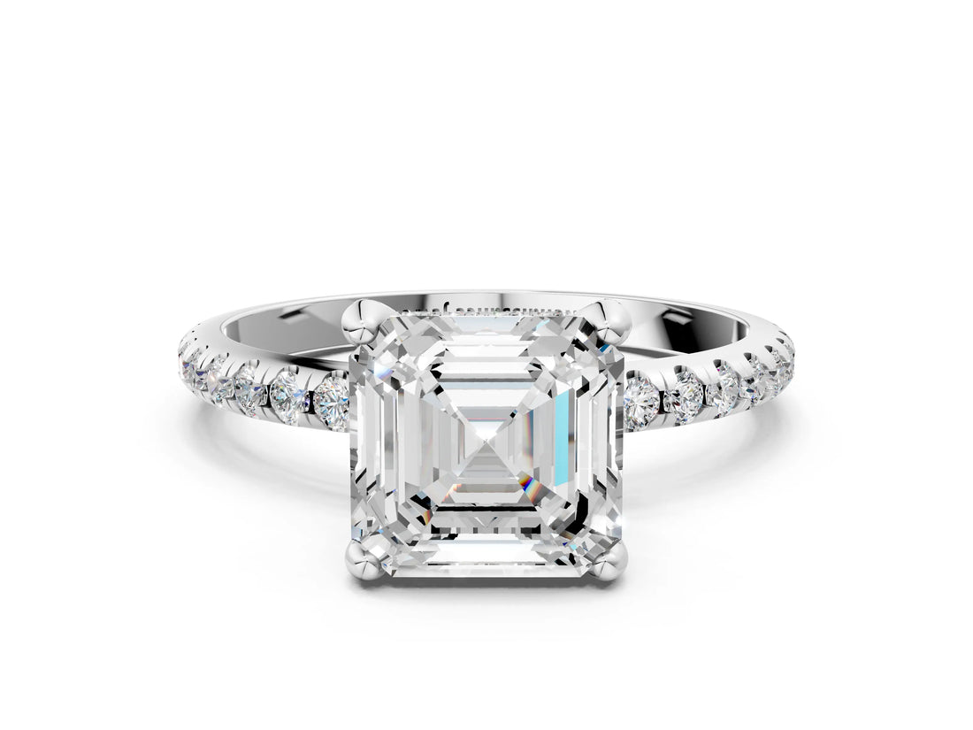 White gold Asscher Cut Diamond Solitaire Ring with Four-Prong Setting and Pavé Band_3