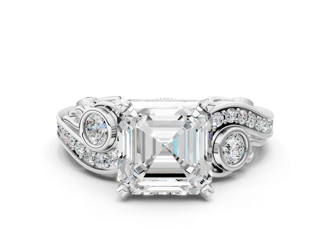 White gold Asscher Cut Diamond Solitaire Ring with Milgrain Pavé Band and Four-Prong Setting_23