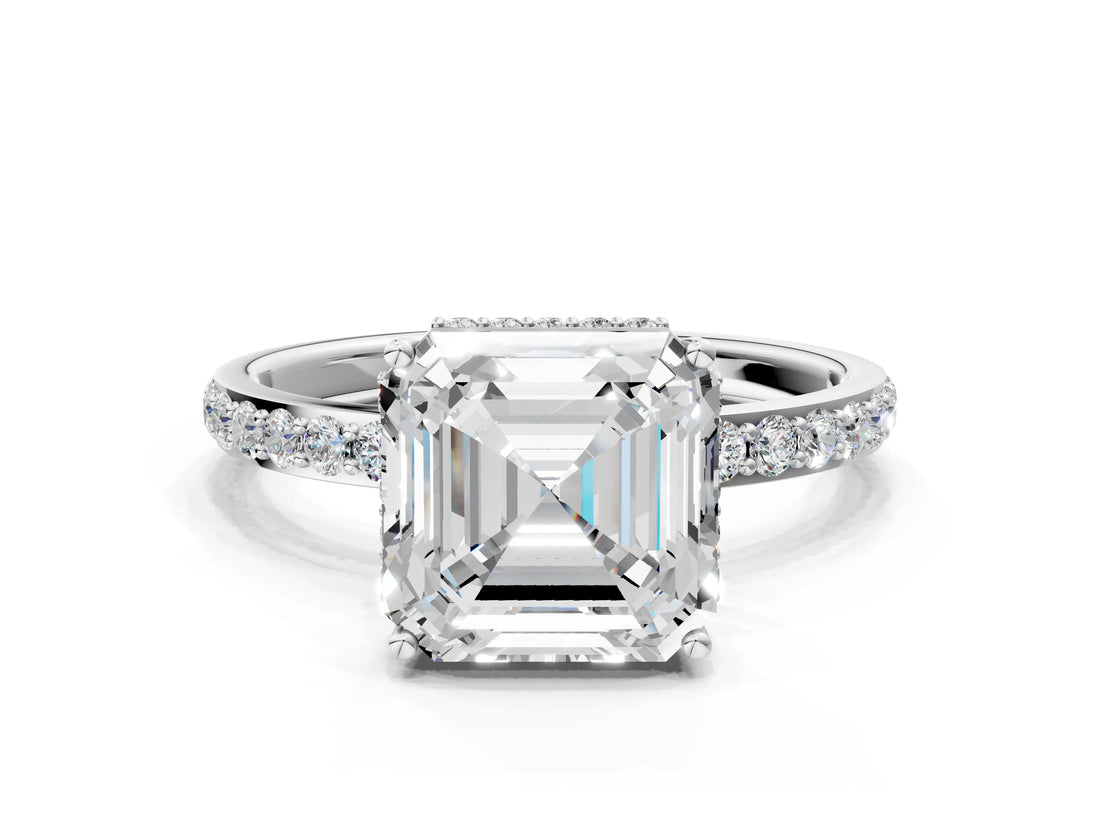 White gold Asscher Cut Diamond Solitaire Ring with Pavé Band and Hidden Halo_20