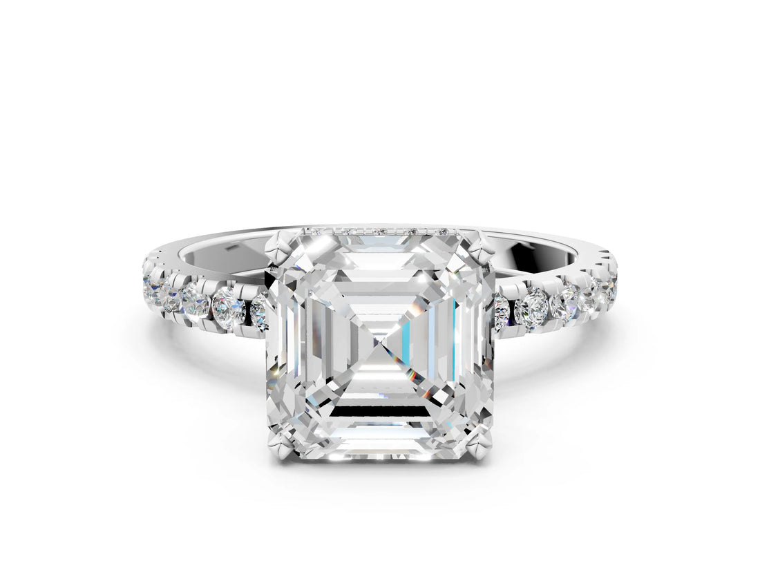 White gold Asscher Cut Diamond Solitaire Ring with Round  Pavé Band and Four-Prong Setting_87