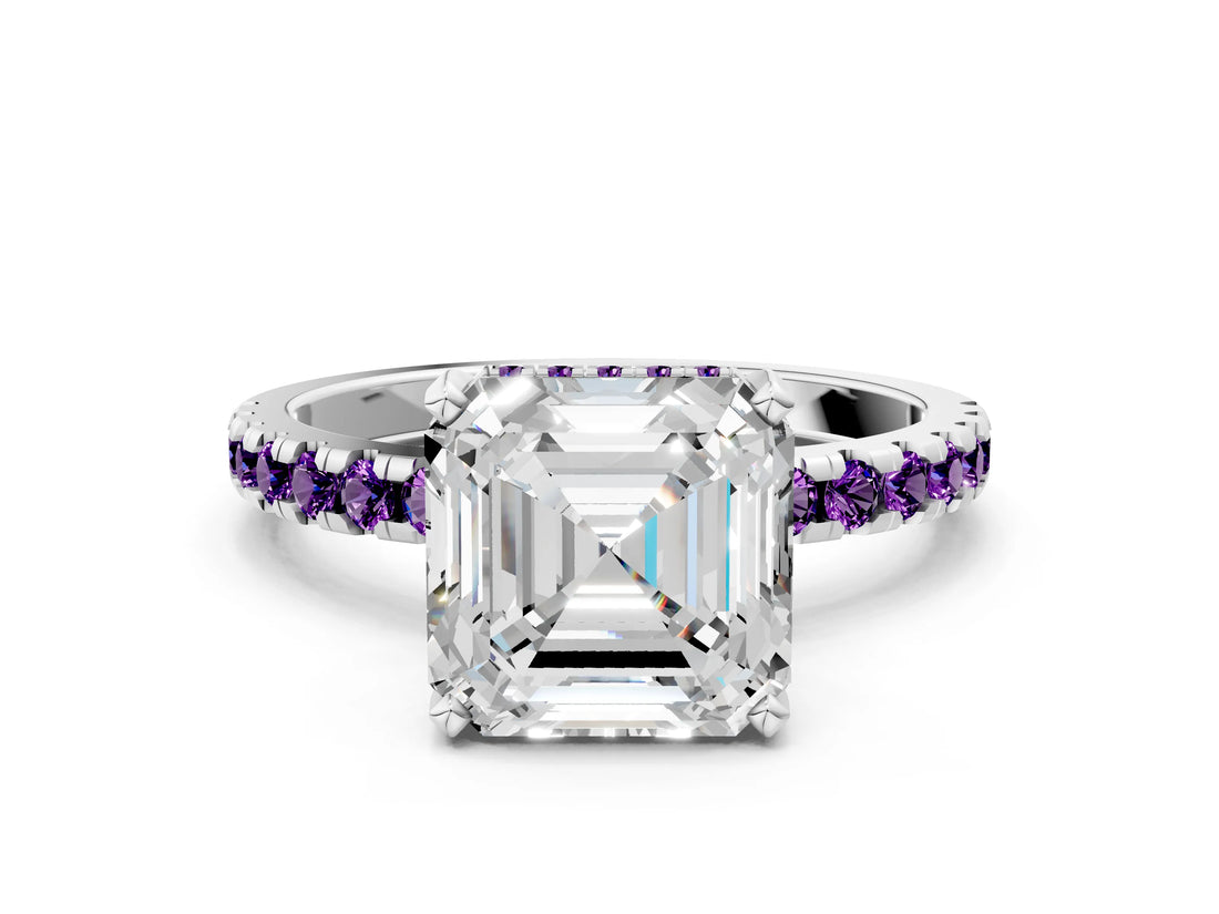 White gold Asscher Cut Diamond Solitaire Ring with Round with Amethyst side stone Pavé Band and Four-Prong Setting_12