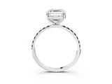White gold Asscher Cut Diamond Solitaire Ring with Round with Amethyst side stone Pavé Band and Prong Setting_3