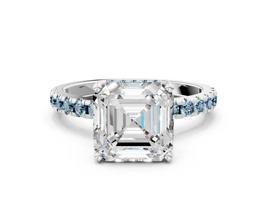 White gold Asscher Cut Diamond Solitaire Ring with Round with Aquamarine side stone Pavé Band and Four-Prong Setting