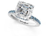 White gold Asscher Cut Diamond Solitaire Ring with Round with Aquamarine side stone Pavé Band and Four-Prong Setting_1