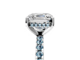 White gold Asscher Cut Diamond Solitaire Ring with Round with Aquamarine side stone Pavé Band and Four-Prong Setting_5