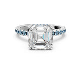 White gold Asscher Cut Diamond Solitaire Ring with Round with Aquamarine side stone Pavé Band and Four-Prong Setting