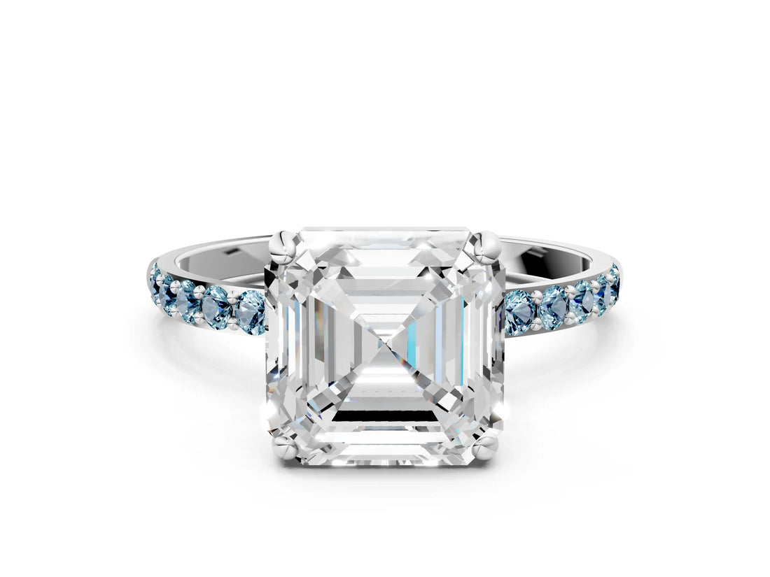 White gold Asscher Cut Diamond Solitaire Ring with Round with Aquamarine side stone Pavé Band and Prong Setting_12