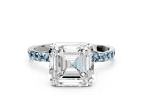 White gold Asscher Cut Diamond Solitaire Ring with Round with Aquamarine side stone Pavé Band and Prong Setting_12