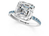 White gold Asscher Cut Diamond Solitaire Ring with Round with Aquamarine side stone Pavé Band and Prong Setting_13