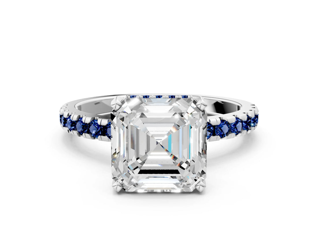 White gold Asscher Cut Diamond Solitaire Ring with Round with Blue Sapphire side stone Pavé Band and Four-Prong Setting_36