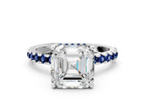White gold Asscher Cut Diamond Solitaire Ring with Round with Blue Sapphire side stone Pavé Band and Four-Prong Setting_36