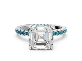 White gold Asscher Cut Diamond Solitaire Ring with Round with Blue Topaz side stone Pavé Band and Four-Prong Setting