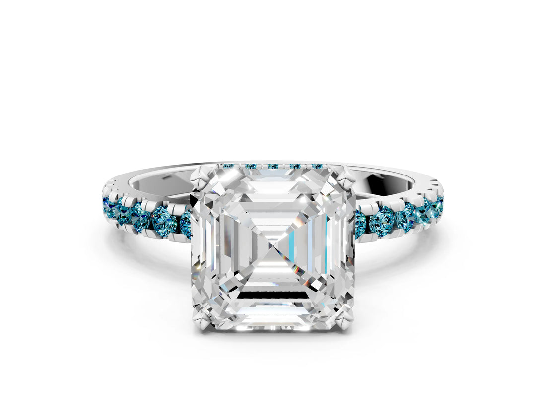 White gold Asscher Cut Diamond Solitaire Ring with Round with Blue Topaz side stone Pavé Band and Four-Prong Setting