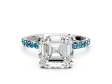 White gold Asscher Cut Diamond Solitaire Ring with Round with Blue Topaz side stone Pavé Band and Prong Setting_24