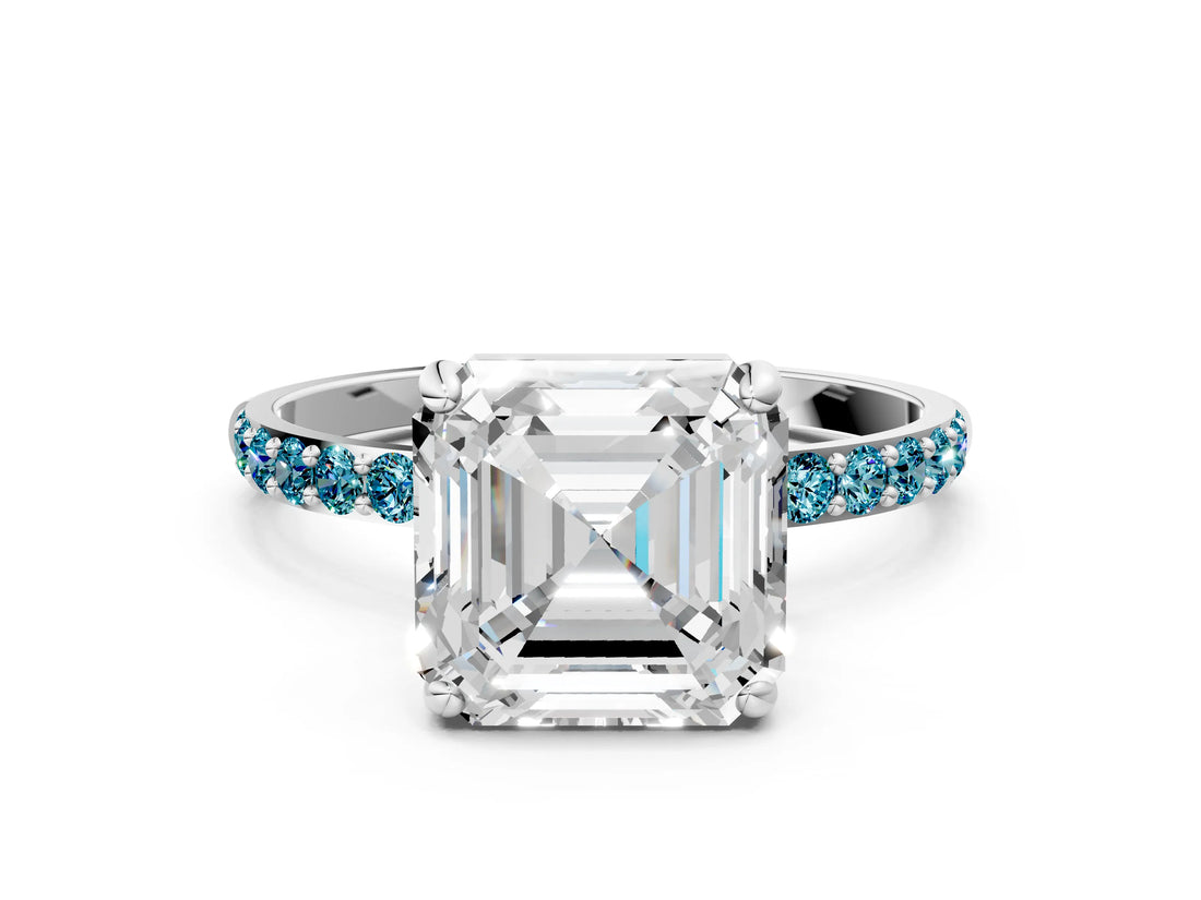 White gold Asscher Cut Diamond Solitaire Ring with Round with Blue Topaz side stone Pavé Band and Prong Setting_24