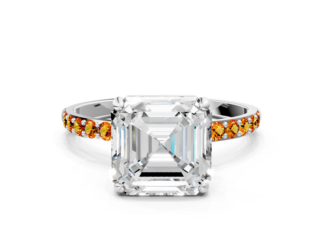 White gold Asscher Cut Diamond Solitaire Ring with Round with Citrine side stone Pavé Band and Prong Setting
