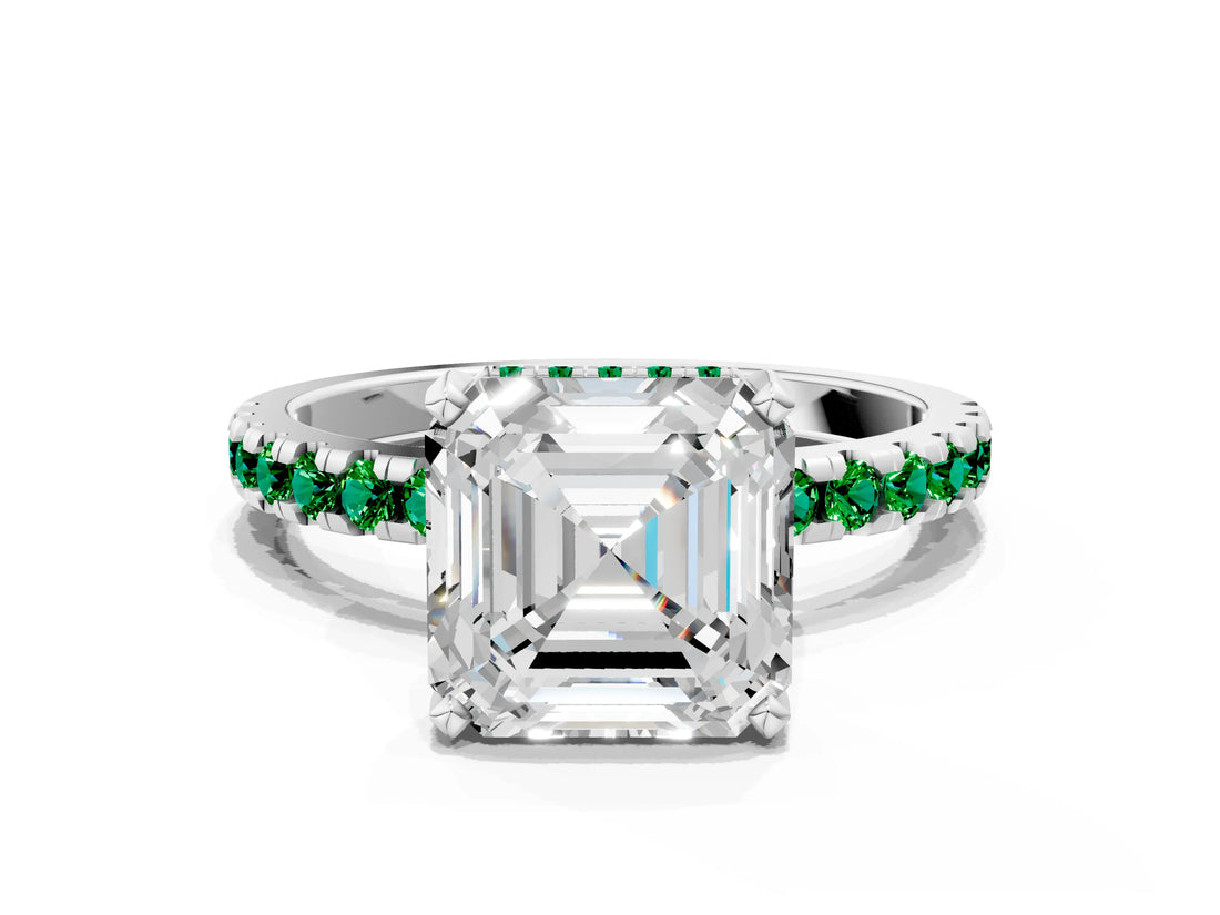 White gold Asscher Cut Diamond Solitaire Ring with Round with Emerald side stone Pavé Band and Four-Prong Setting_24