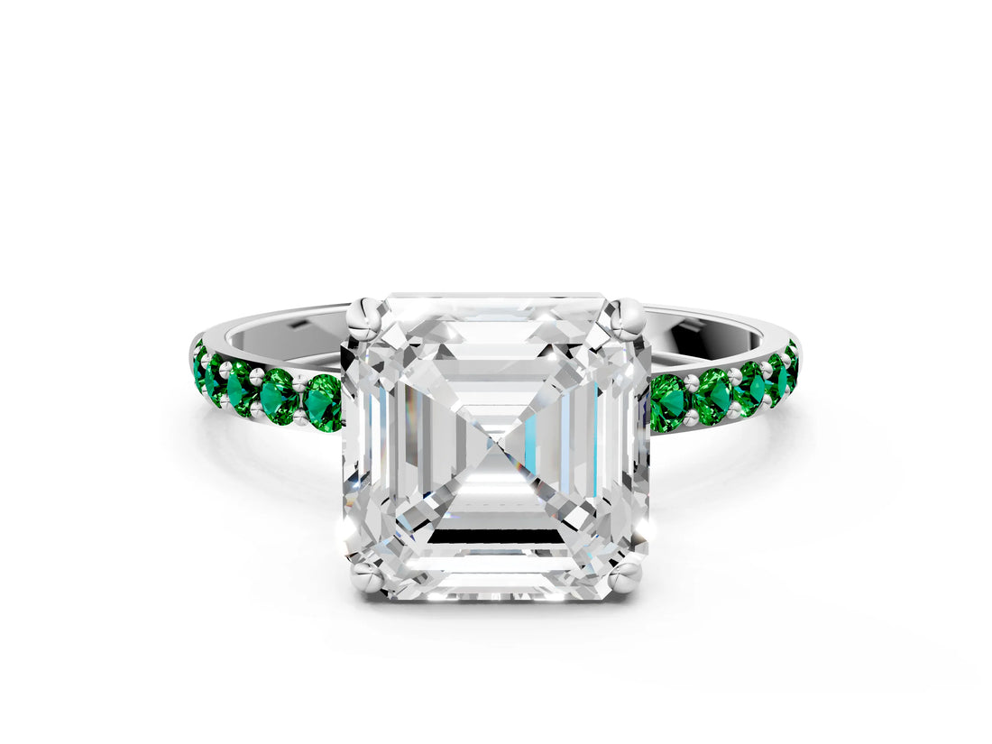 White gold Asscher Cut Diamond Solitaire Ring with Round with Emerald side stone Pavé Band and Prong Setting_12