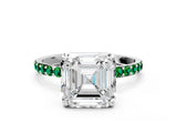 White gold Asscher Cut Diamond Solitaire Ring with Round with Emerald side stone Pavé Band and Prong Setting_12