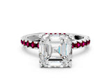 White gold Asscher Cut Diamond Solitaire Ring with Round with Garnet side stone Pavé Band and Four-Prong Setting