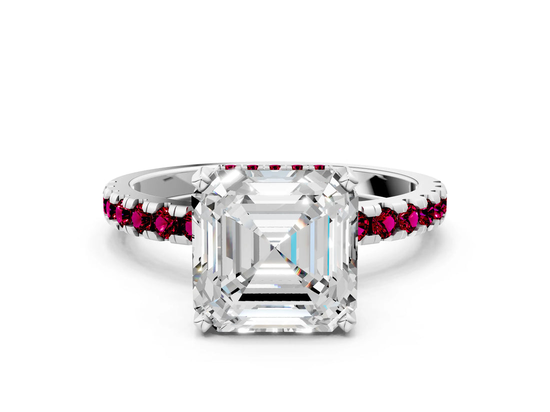 White gold Asscher Cut Diamond Solitaire Ring with Round with Garnet side stone Pavé Band and Four-Prong Setting_12