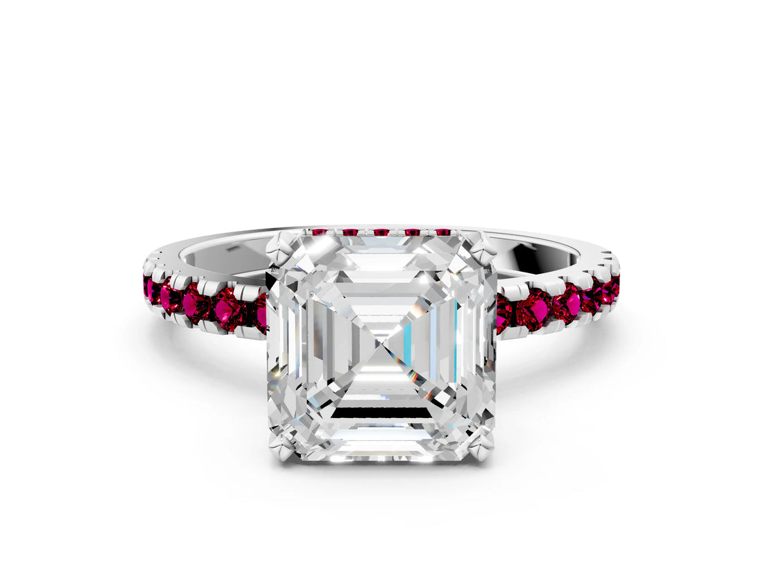 White gold Asscher Cut Diamond Solitaire Ring with Round with Garnet side stone Pavé Band and Four-Prong Setting_36