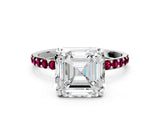 White gold Asscher Cut Diamond Solitaire Ring with Round with Garnet side stone Pavé Band and Prong Setting_12