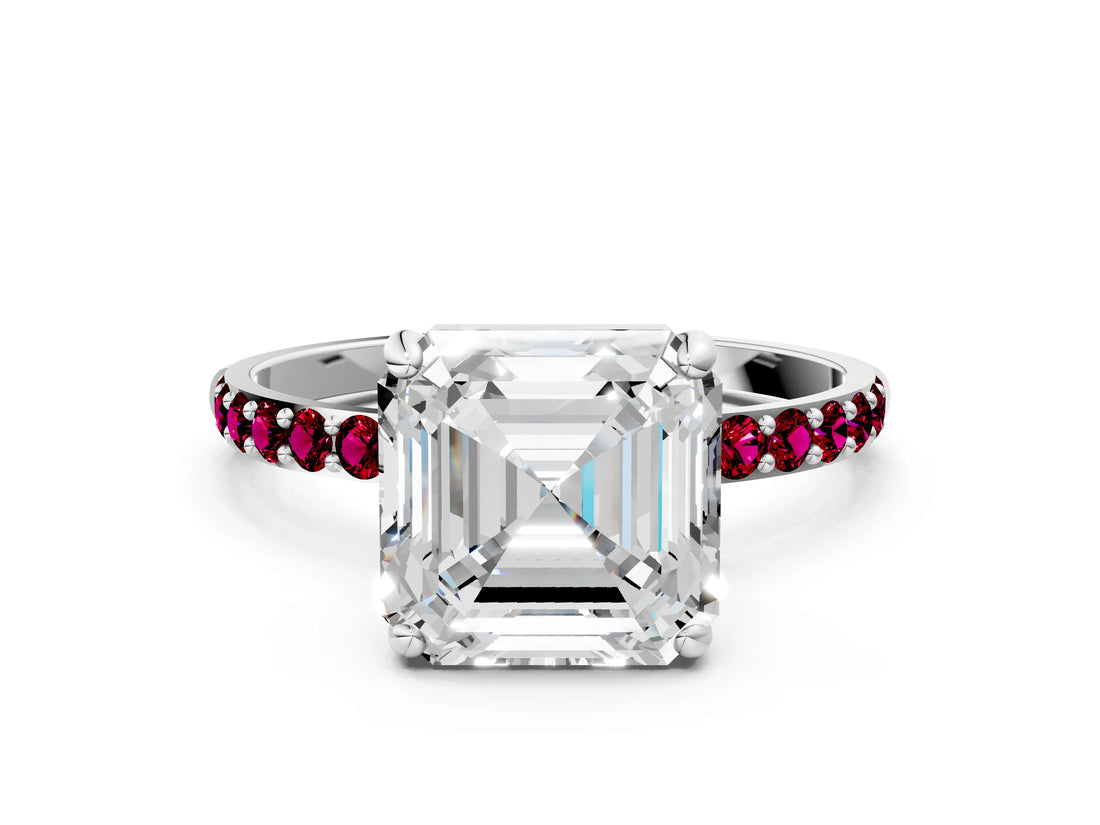 White gold Asscher Cut Diamond Solitaire Ring with Round with Garnet side stone Pavé Band and Prong Setting_24