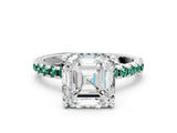 White gold Asscher Cut Diamond Solitaire Ring with Round with Green Sapphire side stone Pavé Band and Four-Prong Setting_12