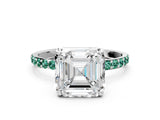 White gold Asscher Cut Diamond Solitaire Ring with Round with Green Sapphire side stone Pavé Band and Prong Setting
