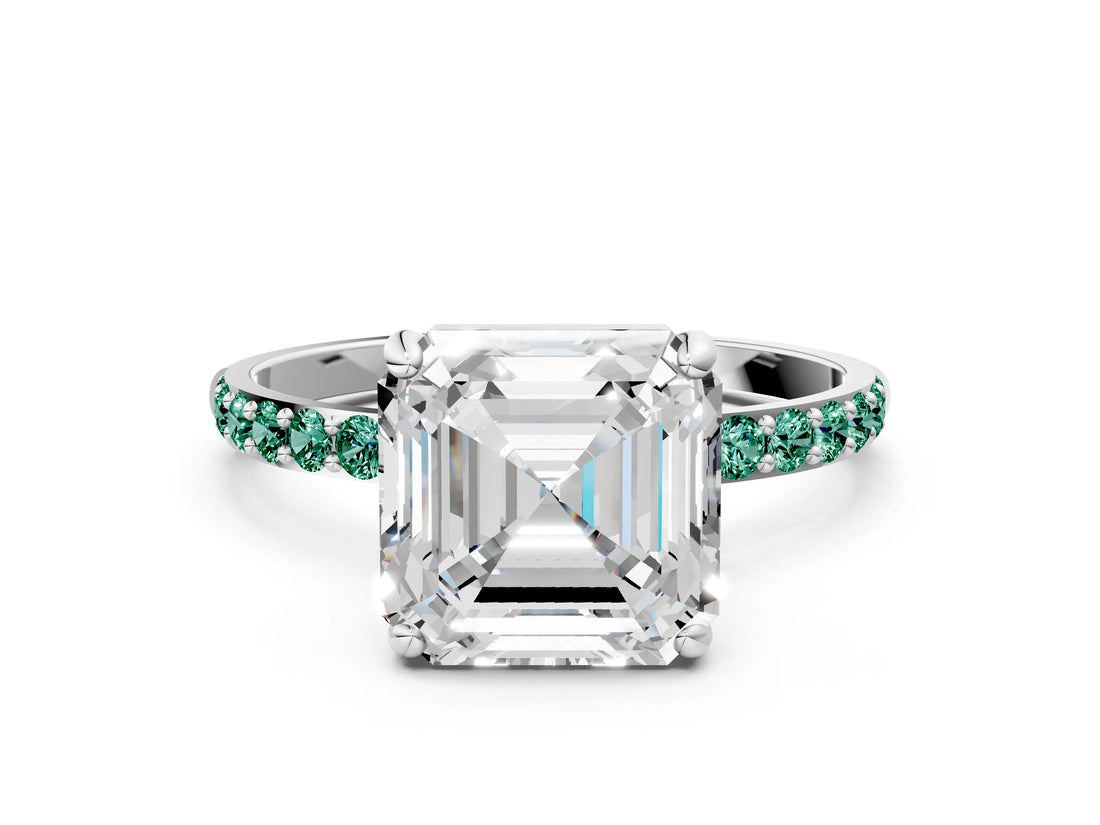 White gold Asscher Cut Diamond Solitaire Ring with Round with Green Sapphire side stone Pavé Band and Prong Setting_12