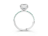 White gold Asscher Cut Diamond Solitaire Ring with Round with Green Sapphire side stone Pavé Band and Prong Setting_3