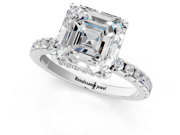 White Gold Asscher Cut Hidden Halo Engagement Ring Setting with Moissanite Side Stones
