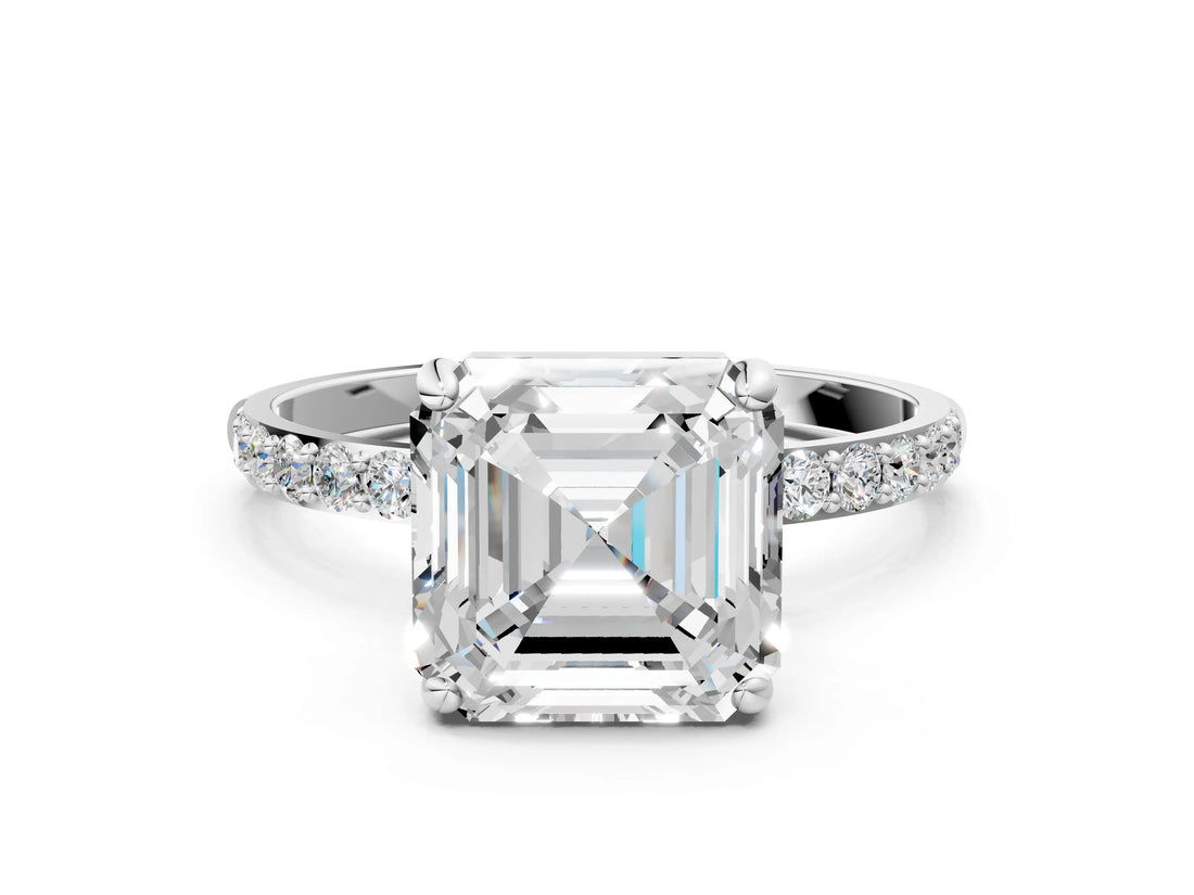 White gold Asscher Cut Diamond Solitaire Ring with Round with Moissanite side stone Pavé Band and Prong Setting