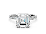 White gold Asscher Cut Diamond Solitaire Ring with Round with Moissanite side stone Pavé Band and Prong Setting